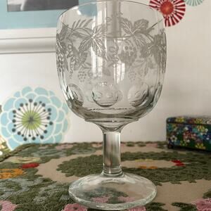 Vintage Etched Grape Leaf Goblet Glass, 1970s Clear Thumbprint Barware